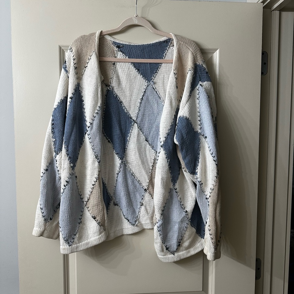 Vintage Patterned Women's Sweater - Blue and Cream